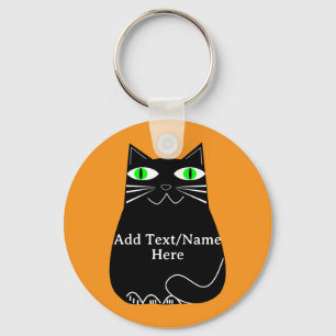 Porte-clés Chat noir gras avec yeux verts Texte personnalisé