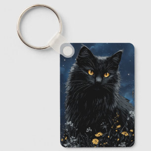 Porte-clés Chat noir parmi les fleurs