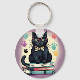 Porte-clés Chat noir portant des lunettes et une cravate arc