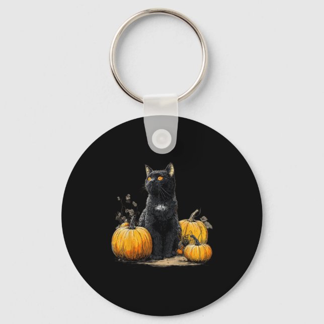 Porte-clés Chat Noir Rétro Halloween Costume Citrouille Pour  (Recto)