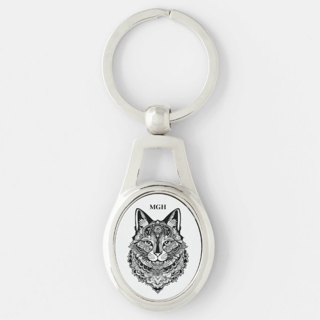 Porte-clés Chat ornemental Monogramme personnalisé (Devant)