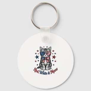 Porte-clés Chat Patriotique Rouge Blanc et Meow Design Vintag