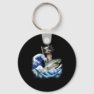 Porte-clés Chat Pirate Chevauchant Requin Surfant sur la Vagu
