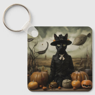 Porte-clés Chat sorcière avec citrouilles