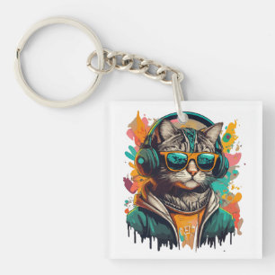 Porte-clés Chat Super cool avec casque à écouter de la musiqu