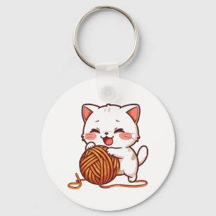 Porte-clés chaton blanc kawaii avec balle de laine