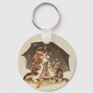 Porte-clés Chatons vintage sous un parapluie, art antique de