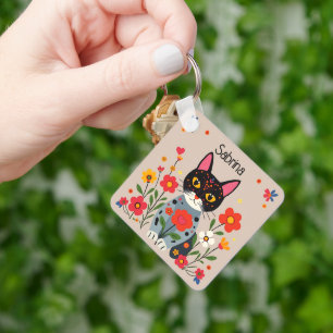 Porte-clés Chats et fleurs d'art populaire Personnalisé