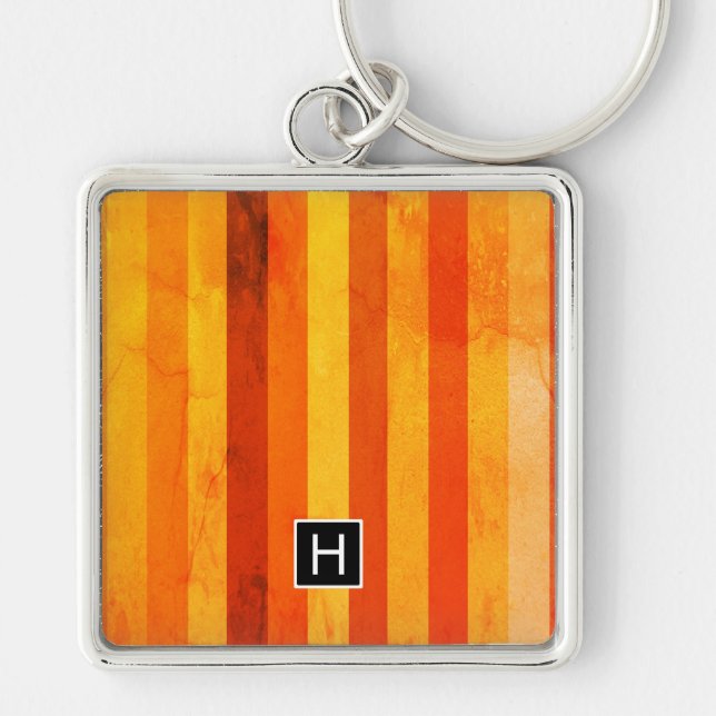 Porte-clés Chaud Patiné Orange Rouge rayures Monogramme (Devant)