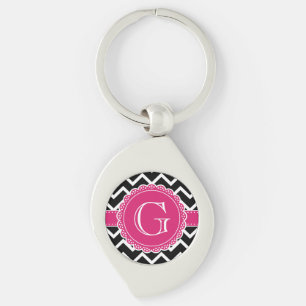 Porte-clés Chaud rose Fleur Monogramme noir Chevron
