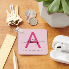 Porte-clés Chaud rose moderne Script Girl Monogramme Nom