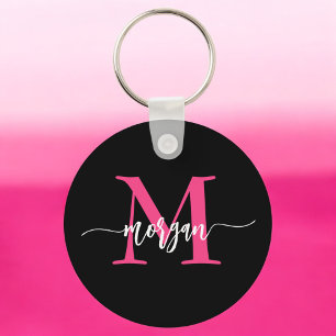 Porte-clés Chaud rose noir moderne Script Girl Monogramme Nom