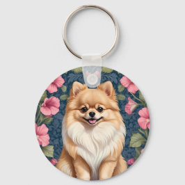 Porte-clés Cher Chien Poméranien Avec Pétunias Rose