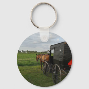 Porte-clés Cheval Amish et Buggy au coucher du soleil