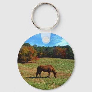 Porte-clés Cheval Brown rouge, arbres de chute, ciel bleu