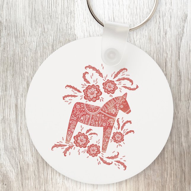 Porte-clés Cheval de Dala suédois (Swedish Dala Horse red and white Scandinavian keyring keychain)