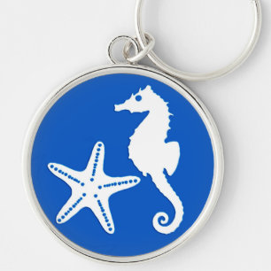 Porte-clés Cheval de mer et poisson d'eau - blanc sur bleu co