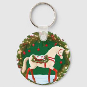 Porte-clés Cheval de Noël blanc avec couronne festive
