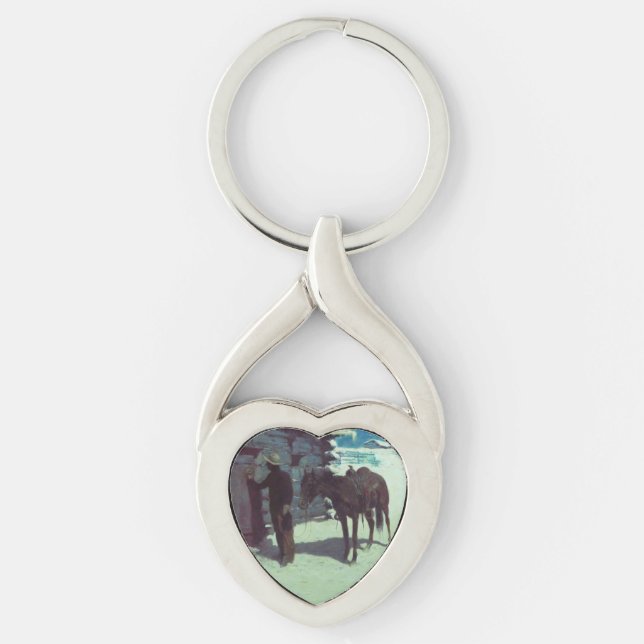 Porte-clés Cheval et Cowboy neige hivernale (Devant)