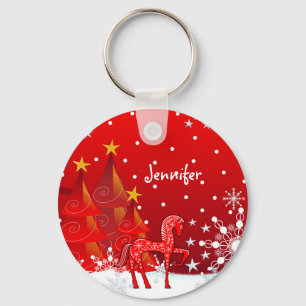 Porte-clés Cheval mignon, Snowflakes & Xmas Trees Nom personn
