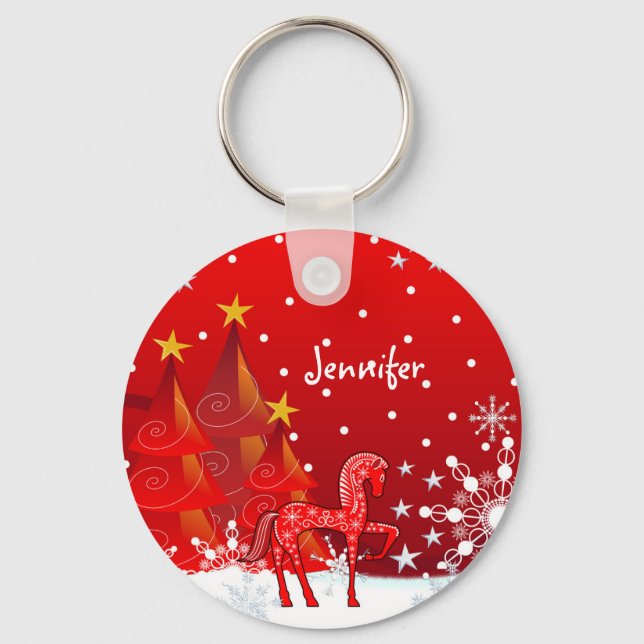 Porte-clés Cheval mignon, Snowflakes & Xmas Trees Nom personn (Recto)