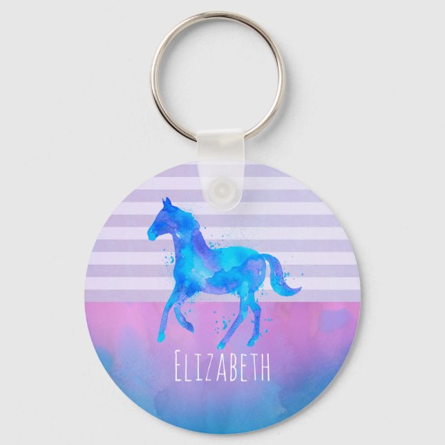 Porte-clés Cheval sauvage en Aquarelle bleu et violet (Recto)