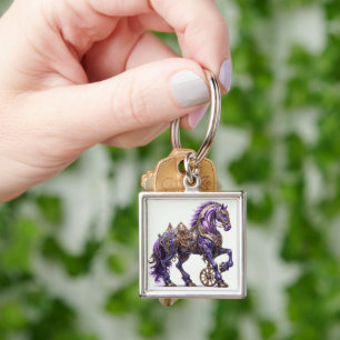 Porte-clés Cheval Steampunk Violet et Or Mécanique  