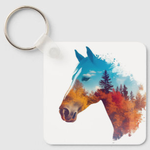 Porte-clés Cheval surréaliste en Forêt d'automne