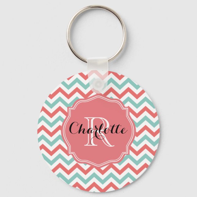 Porte-clés Chevron Coral et Aqua Nom personnalisé (Recto)
