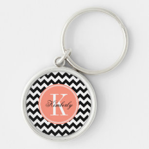 Porte-clés Chevron noir et blanc avec le monogramme de corail