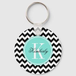 Porte-clés Chevron noir et blanc avec Monogramme Turquoise