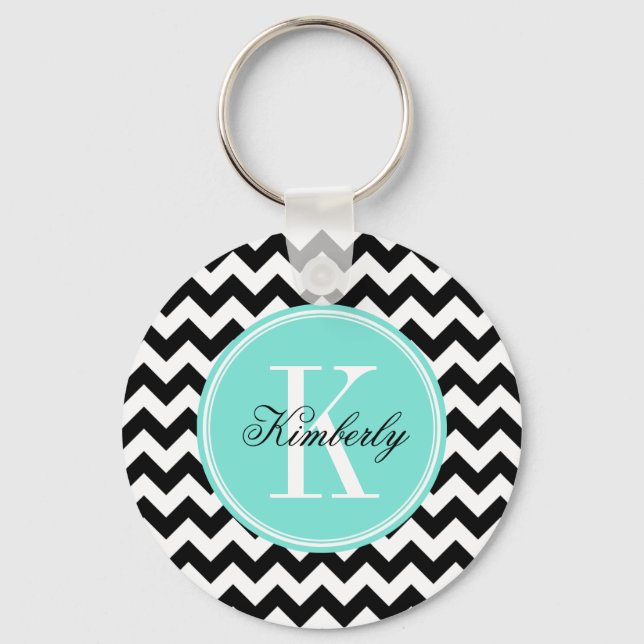 Porte-clés Chevron noir et blanc avec Monogramme Turquoise (Recto)