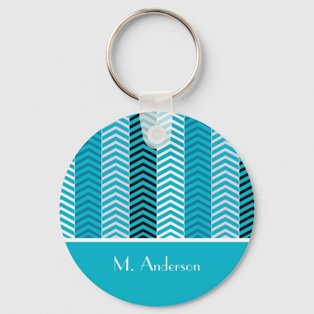 Porte-clés Chevron Turquoise Moderne Grilles Avec Nom (Recto)