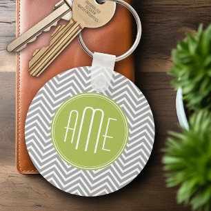 Porte-clés Chevrons gris et citron vert avec Monogramme perso
