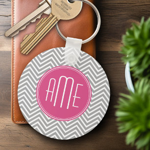 Porte-clés Chevrons gris et rose avec Monogramme personnalisé