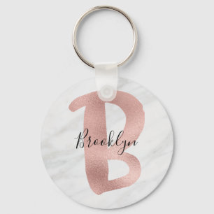 Porte-clés Chic Blanc & Gris Marbre Rose Or B Monogramme Nom