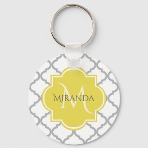Porte-clés Chic Blanc Gris Quatrefoil Jaune Nom Monogramme