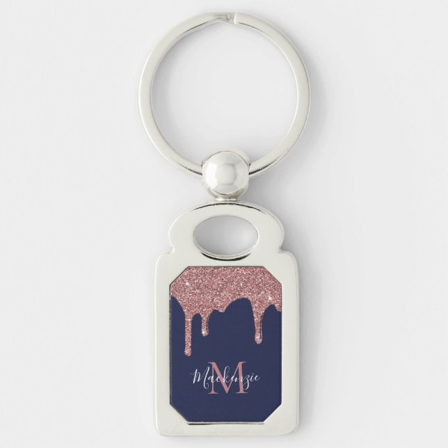 Porte-clés Chic Bleu Nuit Rose Or Glitter Drips Monogramme (Devant)