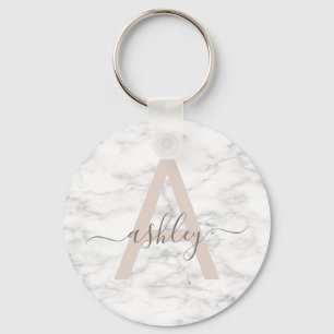 Porte-clés Chic Blush Pink White Marble Script Name Monogram
