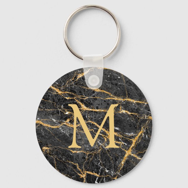 Porte-clés Chic Elegant Noir Marbre Monogramme (Recto)