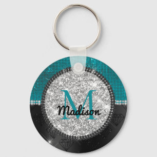 Porte-clés Chic faux Silver Glitter Turquoise Black monogram