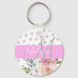 Porte-clés Chic & Girly Floral Blanc Rose Gris Monogram Nom