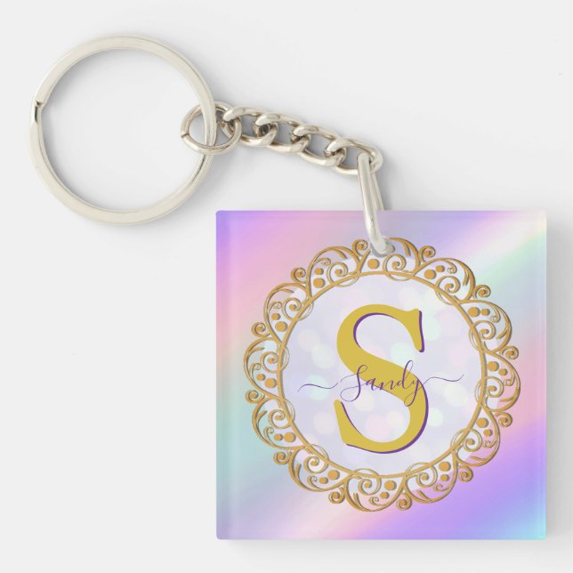 Porte-clés Chic Iridescent Initial With Gold Scrollwork (Devant)