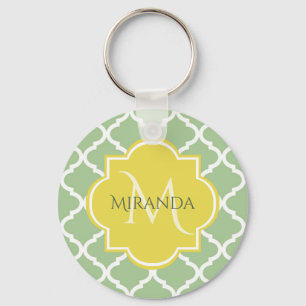 Porte-clés Chic Pastel Green Quatrefoil Jaune Nom Monogramme