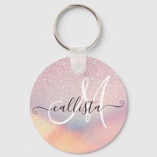 Porte-clés Chic Pink Glitter Iridescent Holographic Gradient