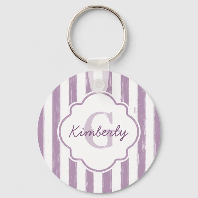 Porte-clés Chic Purple Painted Stripes Monogramme et nom (Recto)