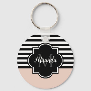 Porte-clés Chic rose et noir larges bandes Nom et monogramme