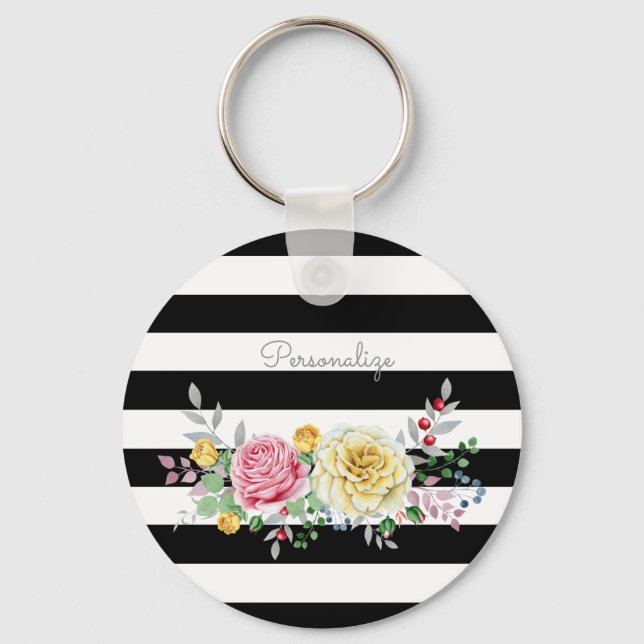 Porte-clés Chic Rose Floral tendance rayures noires et nom (Recto)