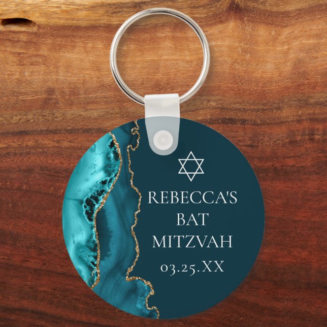 Porte-clés Chic Turquoise Gold Agate Bat mitzvah Party (Recto)