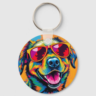 Porte-clés Chien Abstrait Coloré avec des Lunettes de Soleil